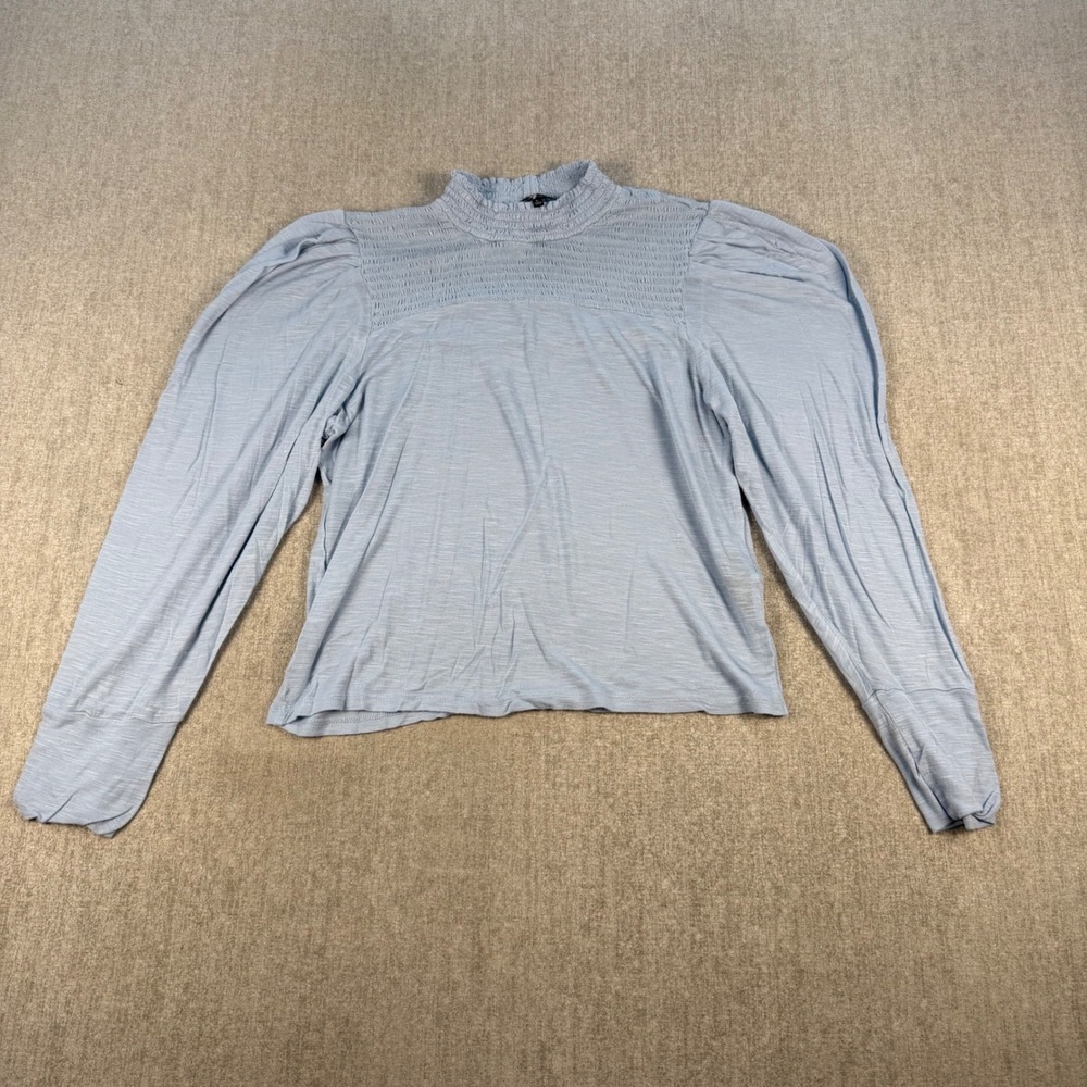 7 For All Mankind Blouse Womens Large Blue Smocked Mock Neck Puff Sleeve Top
